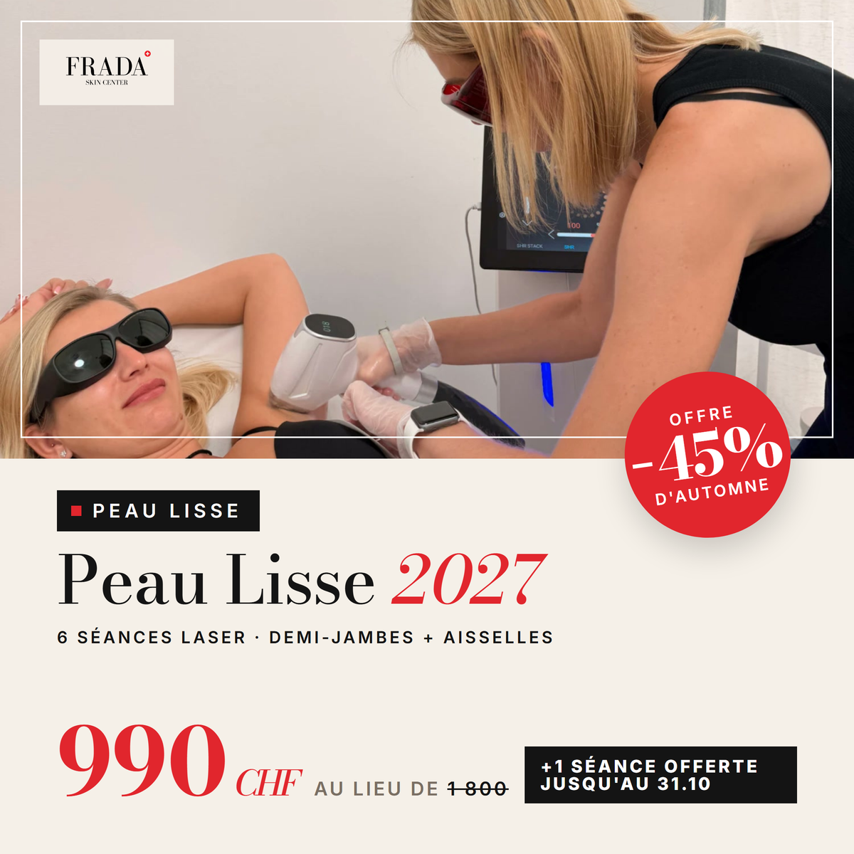 Programme Peau Lisse 2027 — 6 séances laser demi-jambes + aisselles